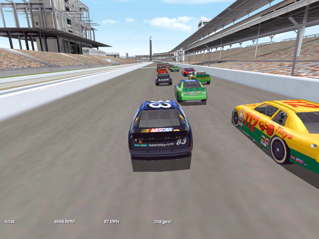 NASCAR Racing 3 Windows Chase cam view during race at Indianapolis.