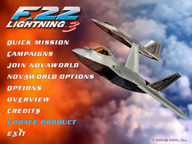 F-22 Lightning 3 Windows The game's menu screen. The 'Update Product' option no longer seems to work