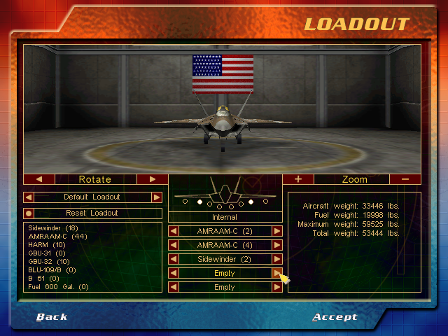 F-22 Lightning 3 Windows The aircraft loadout screen in campaign mode