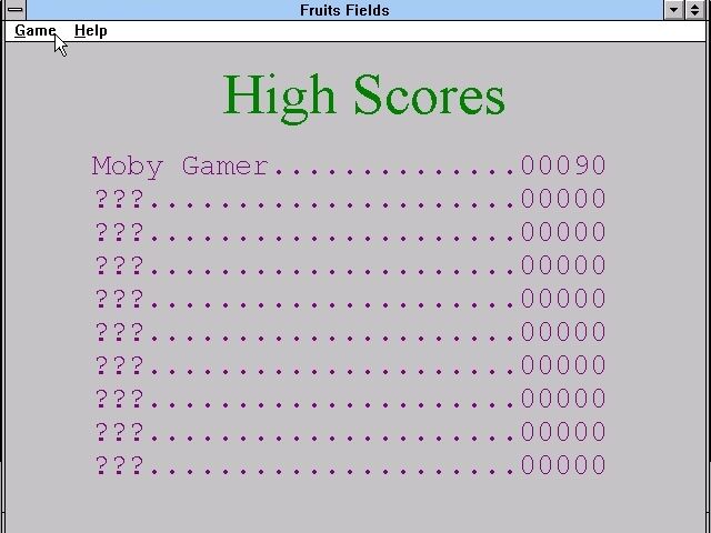 Fruits Fields Windows 3.x The high score table. When Moby Gamer logs back in to play again the game remembers the level they were playing and restarts from that point&#x3C;br&#x3E;&#x3C;br&#x3E;Version 2.01