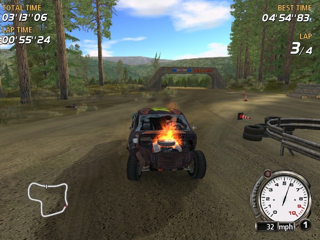 FlatOut Windows Damage is great (body parts deform and fall off). Eventually car starts burning