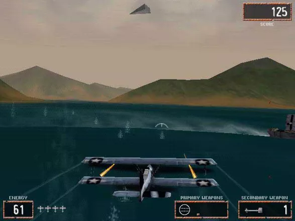 Pacific Warriors: Air Combat Action Windows Here we try to hit a ship (right side) but just hit the water.
