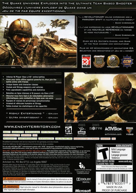 Enemy Territory: Quake Wars (2008) Xbox 360 box cover art ...