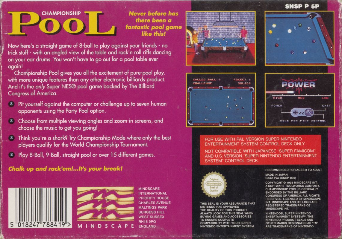Championship Pool SNES Back Cover
