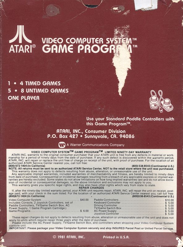 Night Driver Atari 2600 Back Cover