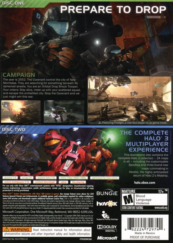 Halo 3: ODST Xbox 360 Back Cover
