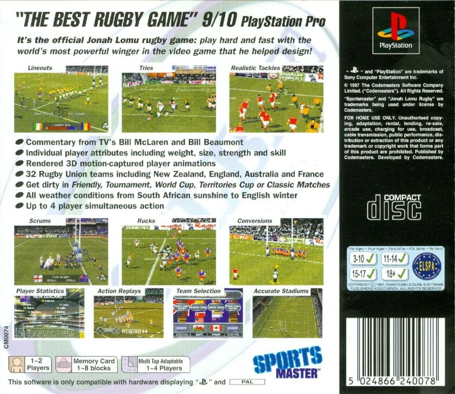 Jonah Lomu Rugby PlayStation Back Cover