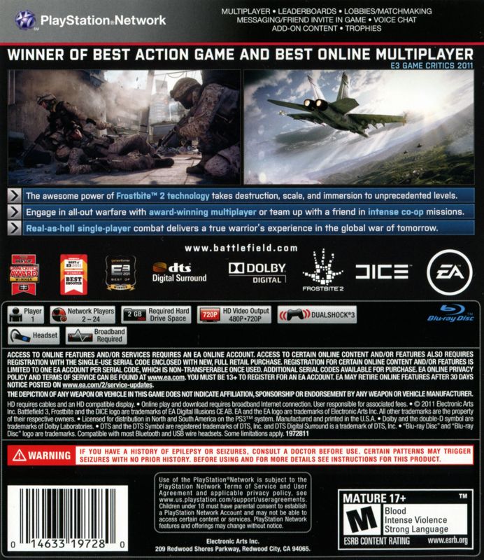 Battlefield 3 PlayStation 3 Back Cover