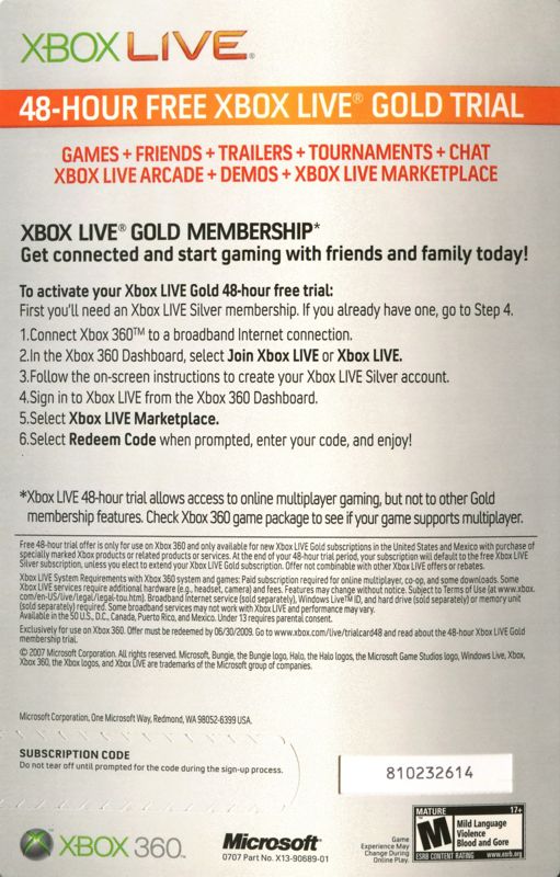 Halo 3: ODST Xbox 360 Other DLC Code - Back