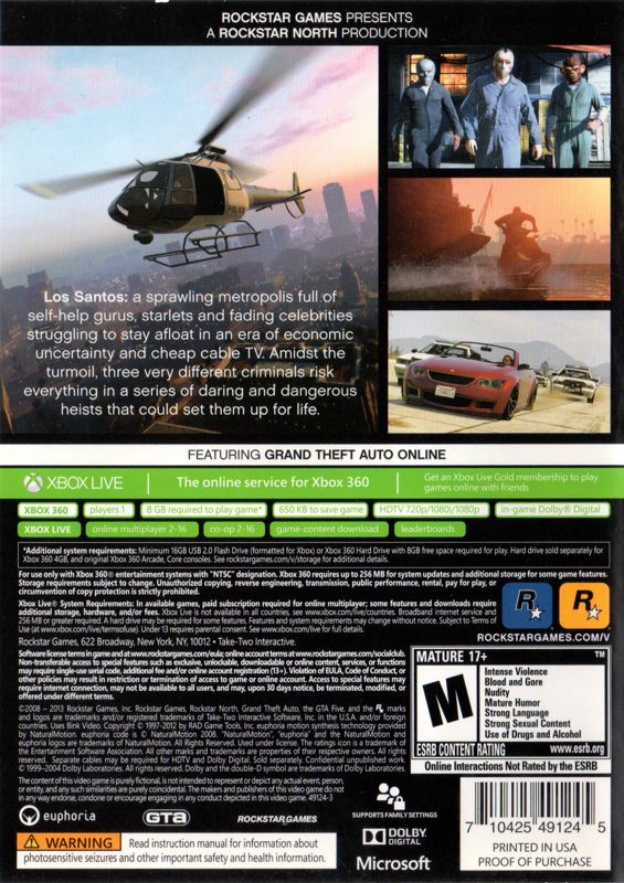 Grand Theft Auto V (2013) Xbox 360 box cover art - MobyGames
