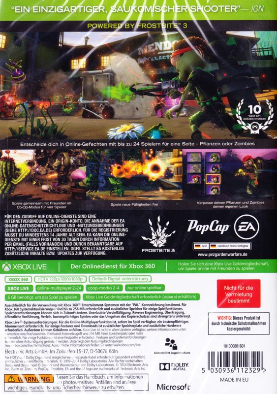 Plants Vs Zombies Garden Warfare 2014 Xbox 360 Box Cover Art