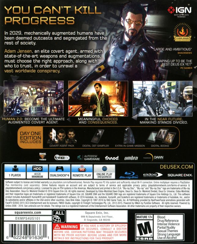 Comercialización Panorama personal Deus Ex: Mankind Divided (Day One Edition) (2016) PlayStation 4 box cover  art - MobyGames