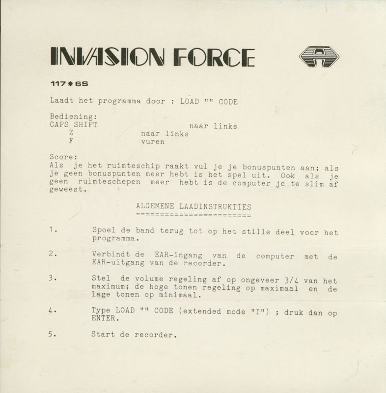 Invasion Force ZX Spectrum Inside Cover