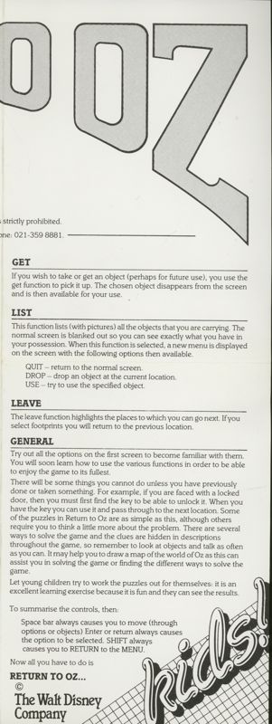 Return to Oz ZX Spectrum Manual