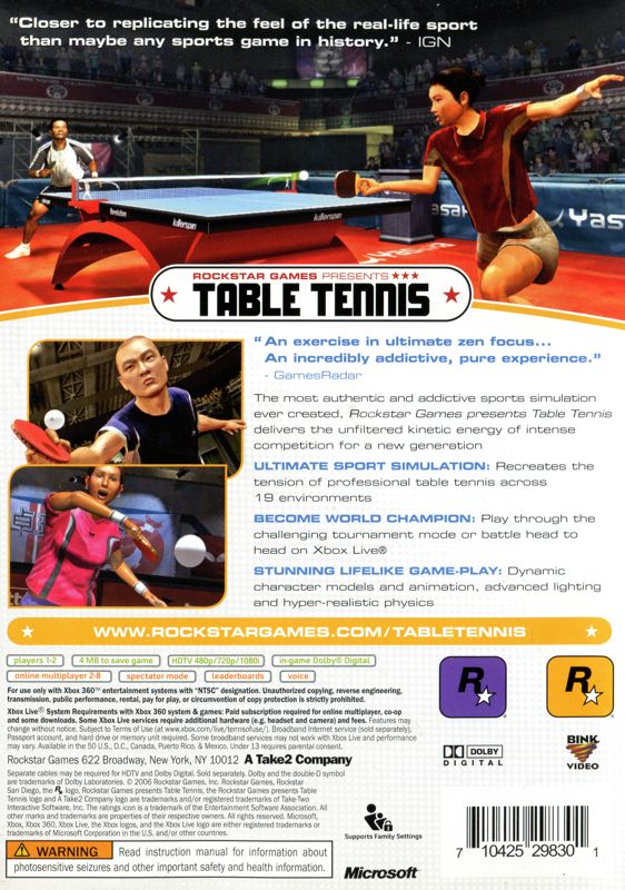 Rockstar Games presents Table Tennis (2006) Xbox 360 box cover art -  MobyGames