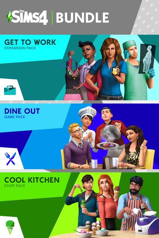 The Sims 4 Bundle: Get to Work, Dine Out, Cool Kitchen Stuff (2018) box