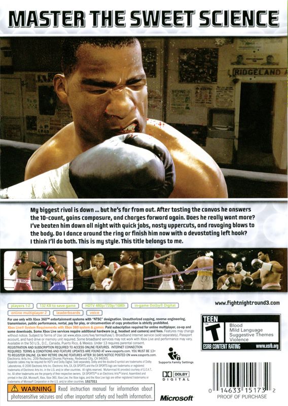 Fight Night Round 3 Xbox 360 Back Cover