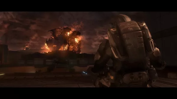Halo 3: ODST Screenshot The Rookie watching the burning ONI Alpha Site