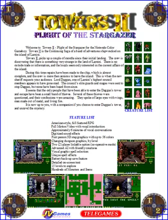 Towers II: Plight of the Stargazer Other Product Sheet for the unreleased Game Boy Color version of Towers II: Plight of the Stargazer