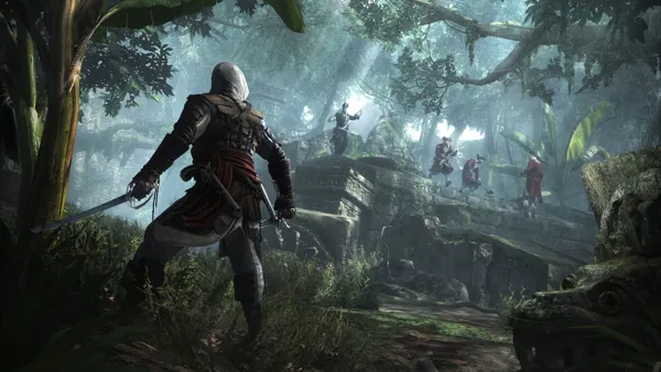 Assassin's Creed IV: Black Flag Screenshot Edward facing some enemies in a jungle.