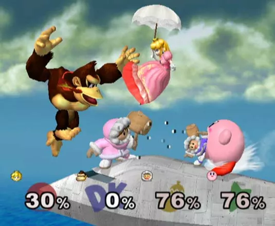 Super Smash Bros.: Melee Screenshot This great action shot shows Peach using the umbrella (a new item) as well as Kirby inhaling one of the Ice Climbers.
