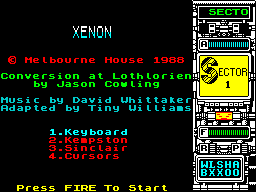 Xenon ZX Spectrum Credits and Control selection