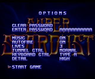 Super Stardust Amiga Start game, options &#x26; password entering are located on the same screen.