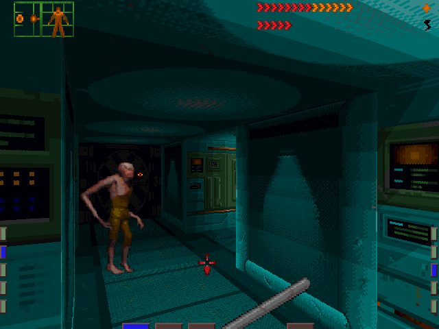 System Shock DOS Encountering a humanoid mutant in another room on Level 1