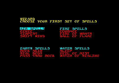 HeroQuest Amstrad CPC Wizard, choose your first set of spells.