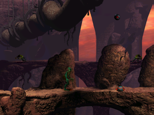 Oddworld: Abe's Oddysee DOS The game often shows two levels on one screen, one close, one remote