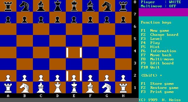 PowerChess DOS This is the main game screen. Here an opening move is being made. The E2 pawn has been selected and is about to be placed in E4