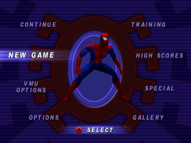 Spider-Man Dreamcast Main menu.