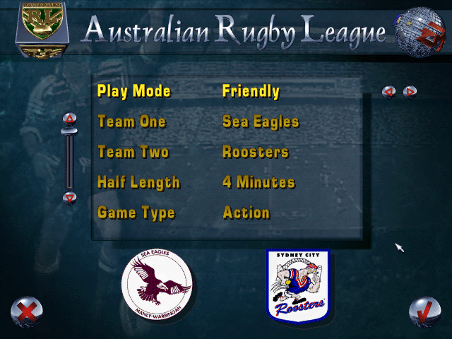 International Rugby League DOS In the main menu, we can switch between the playing modes (ARL 96)
