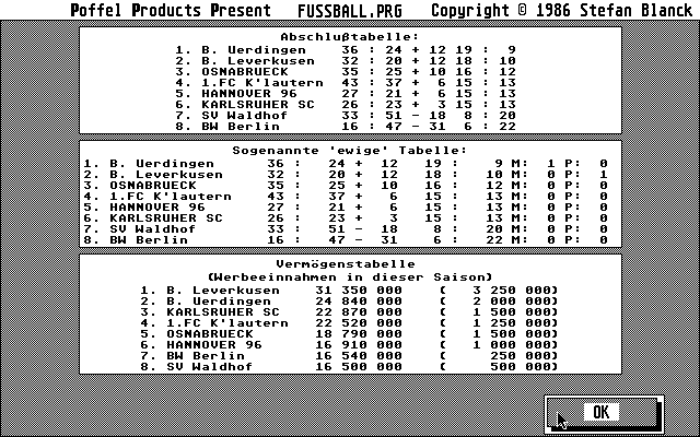 Fussball.prg Atari ST Final table of the season -- I finished third