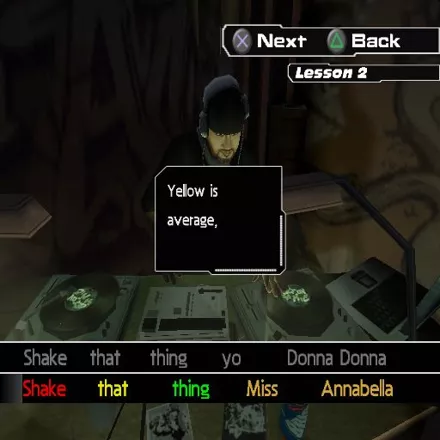 Get on da Mic PlayStation 2 From the game&#x27;s tutorial. The game rates the player&#x27;s performance by changing the colour of the words