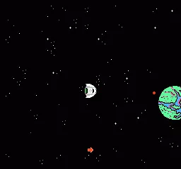 P&#x27;radikus Conflict NES Approaching a planet, the arrow at the bottom points at the next target.