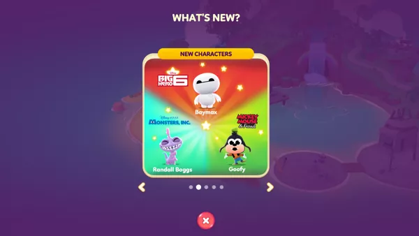 An in-game pop up with new characters featuring: Baymax, Goofy and Randall. Baymax is the only one with an unknown level.