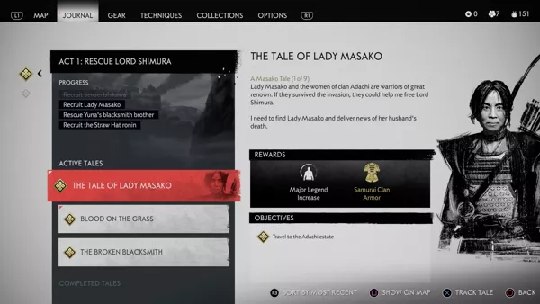 Ghost of Tsushima PlayStation 4 Journal keeps tracks of all the main, side, and special quests