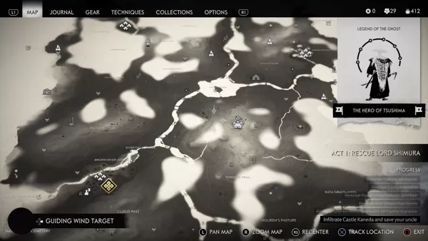 Ghost of Tsushima PlayStation 4 Zoomed in southern portions of a Tsushima island map... map features fog of war which is uncovered as explored