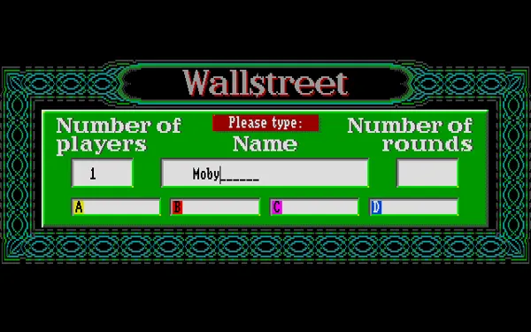 Wall$treet Amiga Game setup screen.