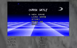 Dark Wolf DOS After the D&#x27;India Software animated logo comes the title screen and main menu. The blue grid is animated and scrolls past and there is music too