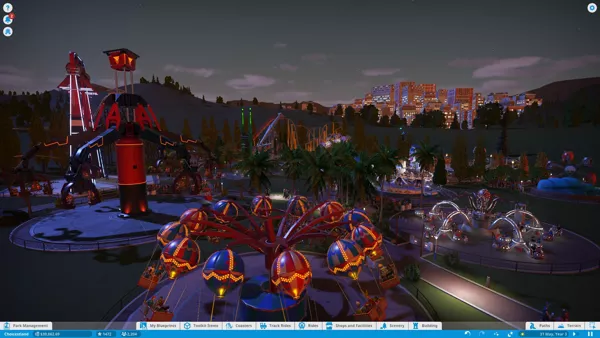 Planet Coaster Windows As the sun sets on the amusement park, all the rides start to light up