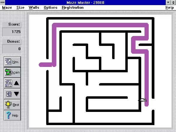 Maze Master Windows 3.x  The player completes the maze by left clicking and dragging the mouse to the exit&#x3C;br&#x3E;There&#x27;s a bonus score for a quick completion on the left that runs down very quickly.