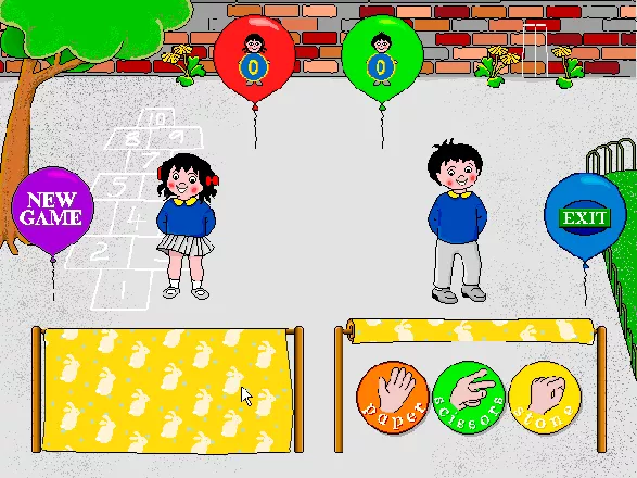 Topsy and Tim Go to School Windows 3.x Paper-Scissors-Stone: A two player game has been selected. Topsy has made her choice - it&#x27;s hidden behind the curtain