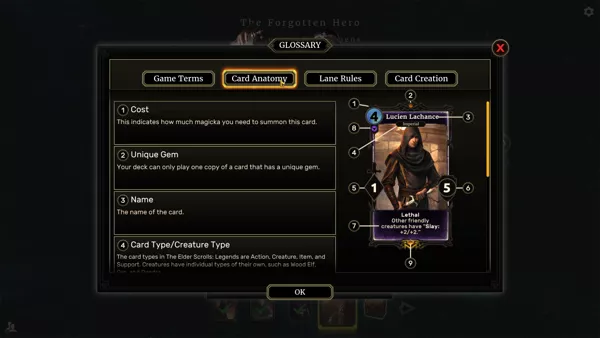 The Elder Scrolls: Legends - Heroes of Skyrim Windows One of the help screens - this one explains what the markings on the cards mean