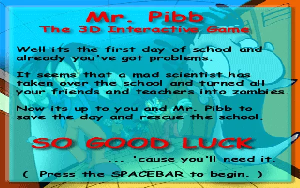 Mr. Pibb DOS Game description shown at the start (no title screen in this game).