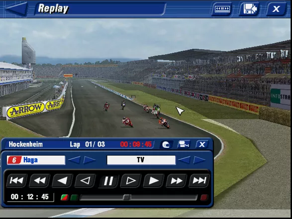 Superbike 2001 Windows Replay mode with &#x22;play panel&#x22; - select rider, camera mode, scroll replay by clicking on loading bar