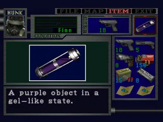 Resident Evil 2 PlayStation Hunk&#x27;s inventory. He can&#x27;t collect any items or ammo