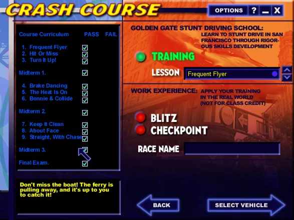 Midtown Madness 2 Windows Crash course shows lessons, status of each and races/lessons to start/play