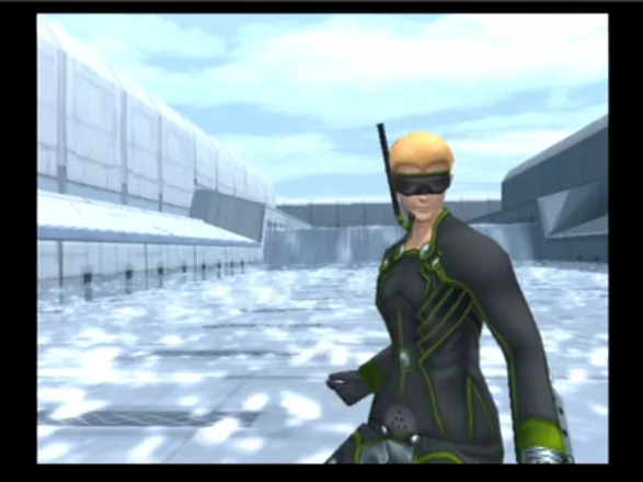 Xenosaga: Episode II - Jenseits von Gut und B&#xF6;se PlayStation 2 The camera shows victorious move of the character who makes the finishing kick (note the diving mask, it&#x27;s extra you get if you had save game file of finished Episode I on a memory card)